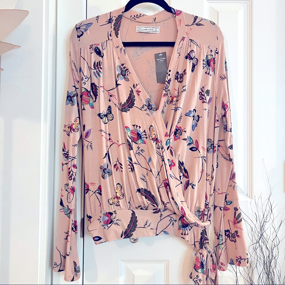 Abercrombie Butterfly Floral Faux Wrap Bell Sleeve Top